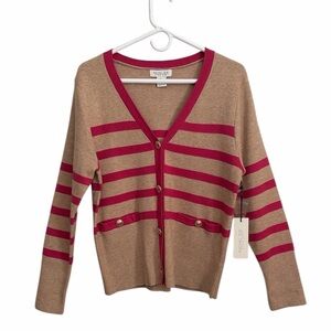 RACHEL & ZOE WOMENS PINK AND TAN STRIPED BUTTON CARDIGAN SIZE LARGE NWT OLI-